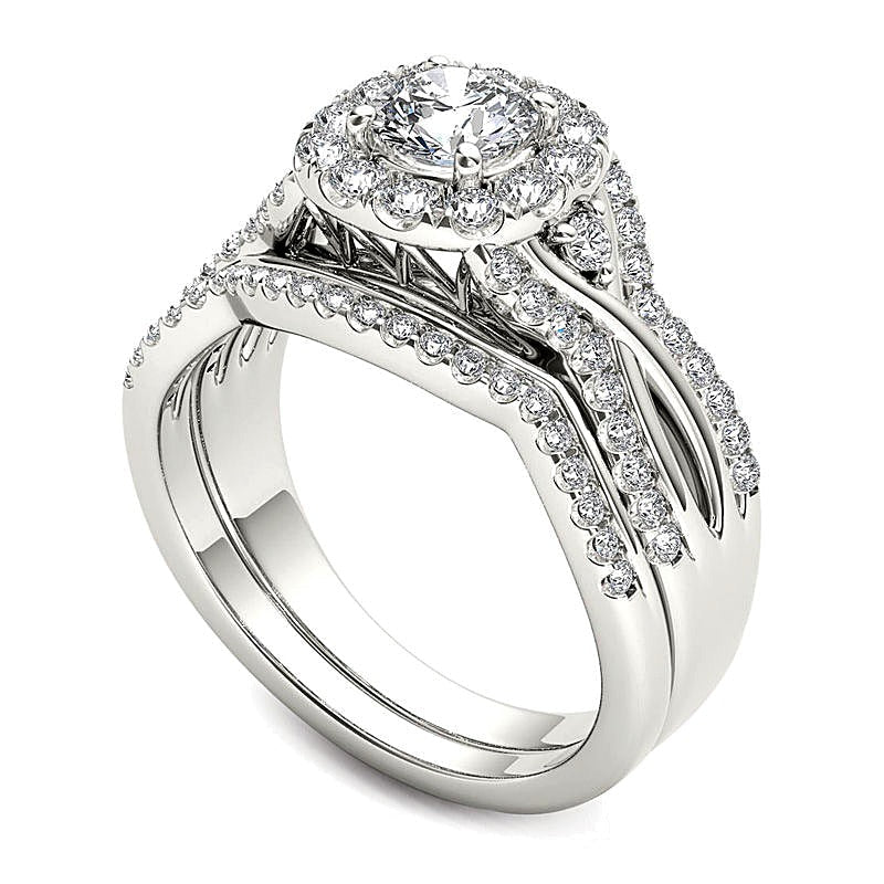 Braut-Set mit Diamanten 1.25 ct. Gesamtgewicht, rund, gedrehte Schiene mit Halo, in 14K Weißgold