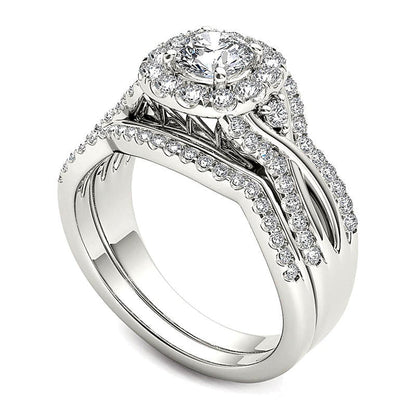 Braut-Set mit Diamanten 1.25 ct. Gesamtgewicht, rund, gedrehte Schiene mit Halo, in 14K Weißgold