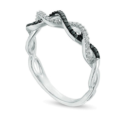 0.17 ct. Gesamtgewicht schwarzer und weißer Diamant Fashion-Ring mit gedrehter Ringschiene in 10K Weißgold