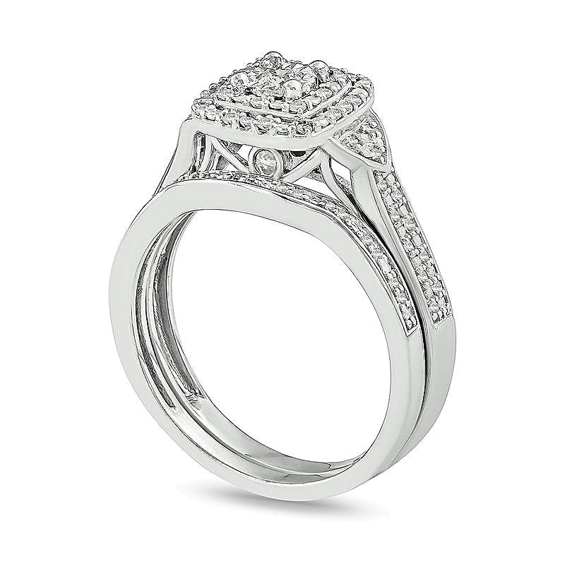 0,33 ct. Gesamtgewicht Diamant-Brautset mit doppeltem quadratischem Rahmen in rhodiniertem Sterlingsilber