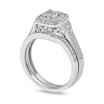 0,33 ct. Gesamtgewicht Diamant-Brautset mit doppeltem quadratischem Rahmen in rhodiniertem Sterlingsilber