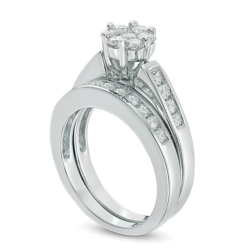 Brautset mit Diamanten im Blütendesign 1.0 ct. Gesamtgewicht in 10K Weißgold