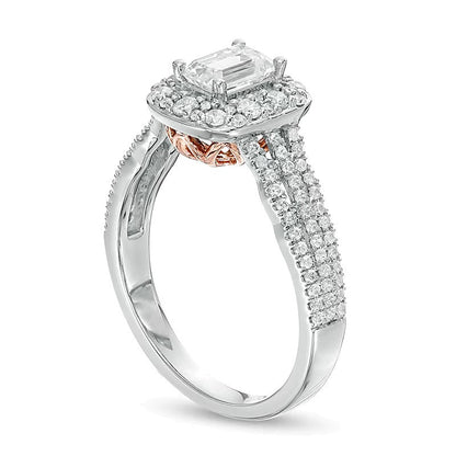 Halo-Verlobungsring mit Diamant im Smaragdschliff 1.0 ct. Gesamtgewicht in 14K Gold Bicolor