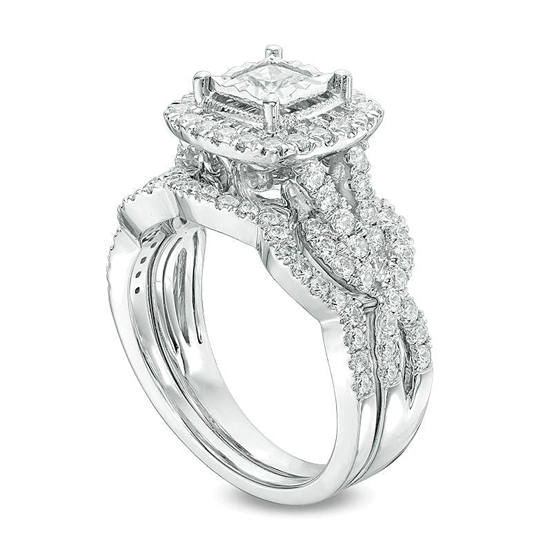 1.5 CT. Gesamtgewicht Diamant Brautset im Vintage-Stil mit Princess-Schliff und Twist in 14K Weißgold