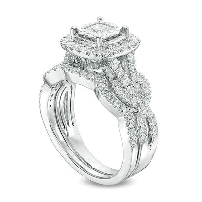 1.5 CT. Gesamtgewicht Diamant Brautset im Vintage-Stil mit Princess-Schliff und Twist in 14K Weißgold