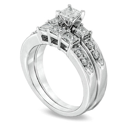 3.0 ct. Gesamtgewicht Dreistein-Brautset mit Diamanten im Princess- und Rundschliff in 14K Weißgold