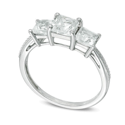 Dreistein-Ring mit im Labor gezüchteten weißen Saphiren im Princess-Schliff in 10K Weißgold