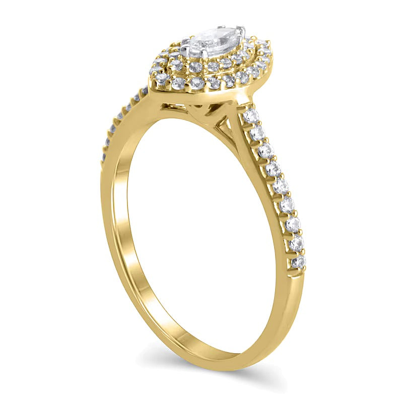 0.5 ct. Gesamtgewicht Verlobungsring mit Diamanten in Marquise- und Rundschliff, Halo-Fassung, in 10K Gelbgold