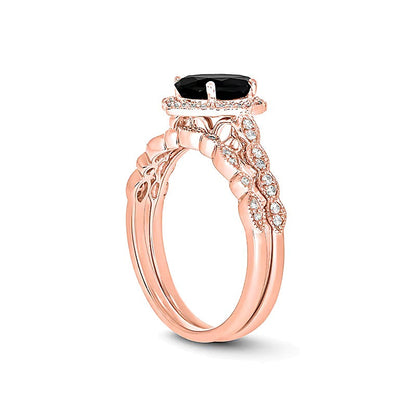 Braut-Set mit ovalem schwarzem Saphir und Diamanten 0,2 ct. Gesamtgewicht im Vier-Krappen-Vierpass-Rahmen im Art-déco-Vintage-Stil in 10K Roségold
