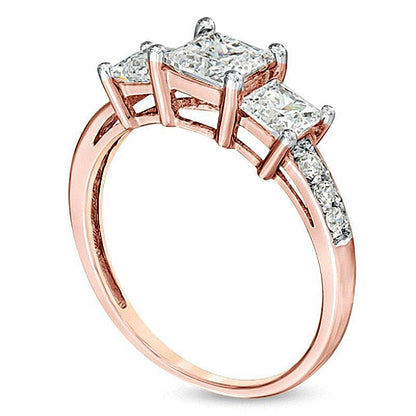 Dreistein-Ring mit weißen Labor-Saphiren im Princess-Schliff in 10K Roségold