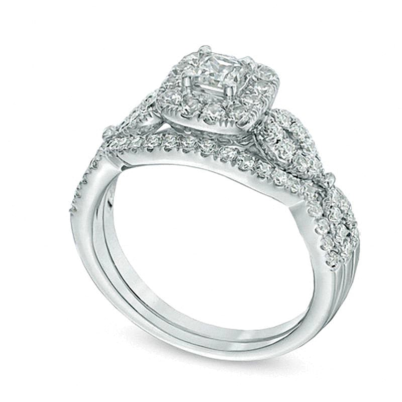 1.0 ct. Gesamtgewicht Brautset mit Diamanten im Princess- und Rundschliff in 14K Weißgold