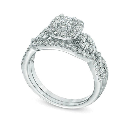 1.0 ct. Gesamtgewicht Brautset mit Diamanten im Princess- und Rundschliff in 14K Weißgold