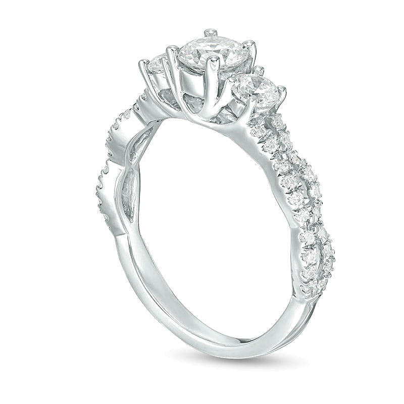 Dreistein-Verlobungsring mit Diamanten 1.0 ct. Gesamtgewicht, rund, Weiß, in 10K Weißgold für Damen