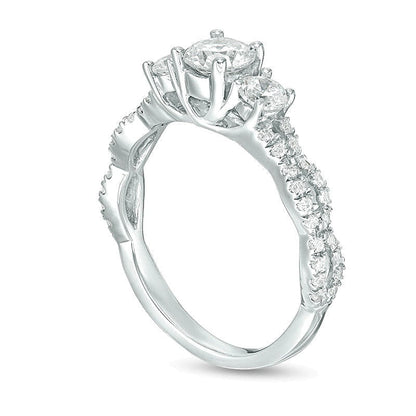 Dreistein-Verlobungsring mit Diamanten 1.0 ct. Gesamtgewicht, rund, Weiß, in 10K Weißgold für Damen
