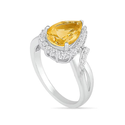 Halo-Ring mit tropfenförmigem Citrin und weißem Labor-Saphir in rhodiniertem Sterlingsilber für Damen