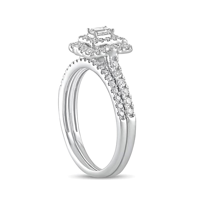 Braut-Set mit Diamanten im Smaragdschliff und doppeltem Rahmen 0,63 ct. Gesamtgewicht in 10K Weißgold