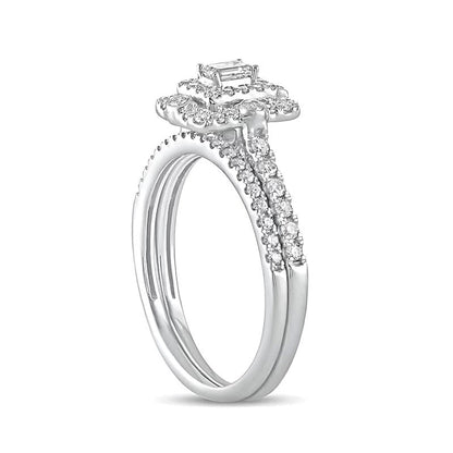 Braut-Set mit Diamanten im Smaragdschliff und doppeltem Rahmen 0,63 ct. Gesamtgewicht in 10K Weißgold