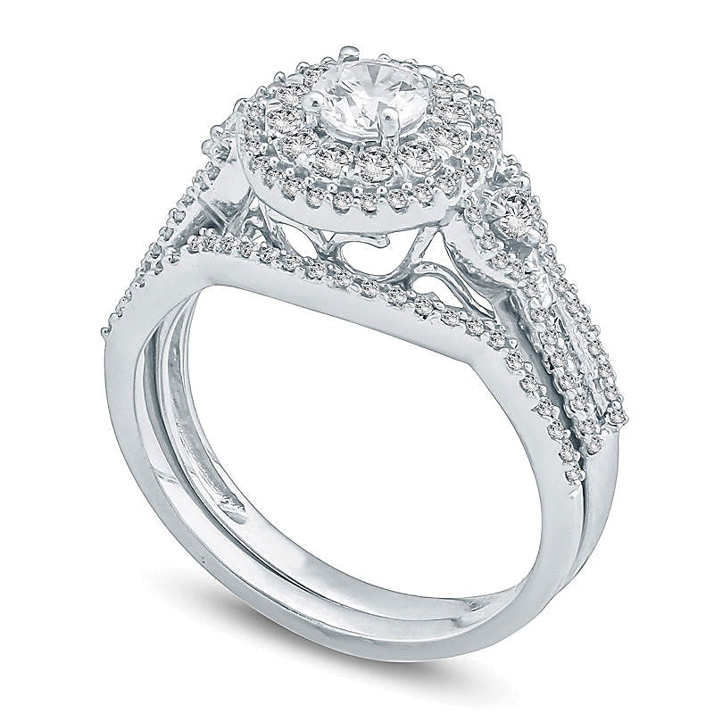 1.0 ct. Gesamtgewicht Diamant Braut-Set mit doppeltem Rahmen in 10K Weißgold