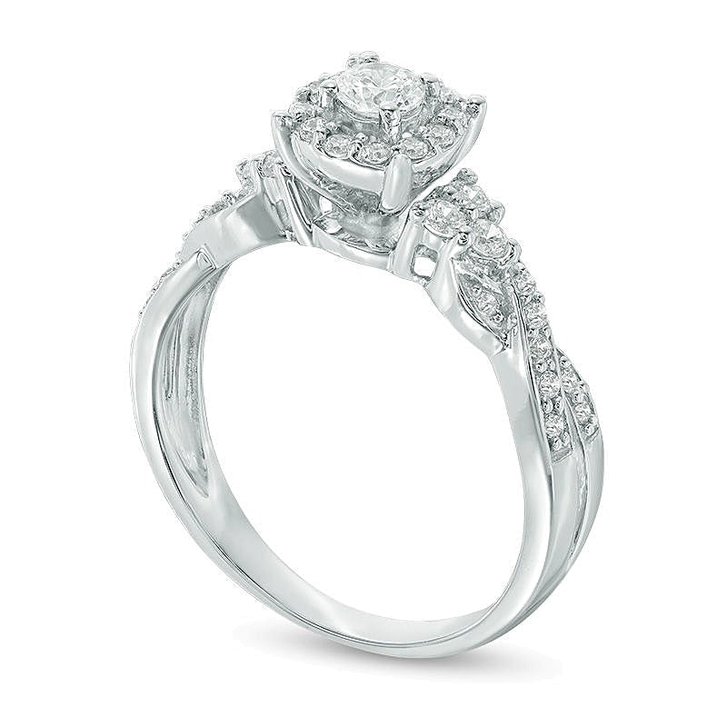 Halo-Verlobungsring mit Diamanten 0.5 ct. Gesamtgewicht in 10K Weißgold