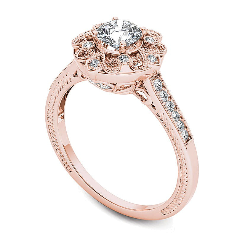0.63 ct. Gesamtgewicht Diamant Verlobungsring im Vintage-Stil mit Blütenrahmen in 14K Roségold