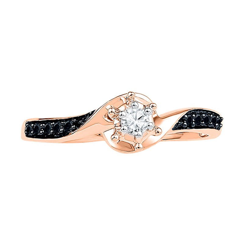 0.17 ct. Gesamtgewicht behandelter schwarzer und weißer Diamant Freundschaftsring mit Swirl-Design in 10K Roségold