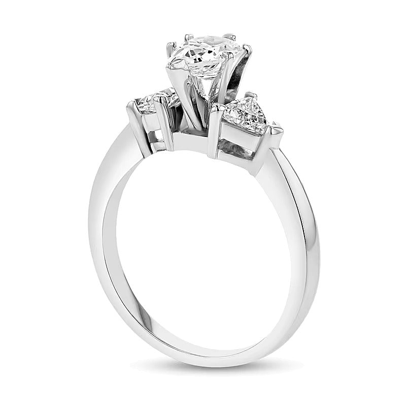 Dreistein-Verlobungsring mit Diamanten im Tropfen- und Trillionschliff 1.5 CT. Gesamtgewicht in 14K Weißgold (I/SI2)