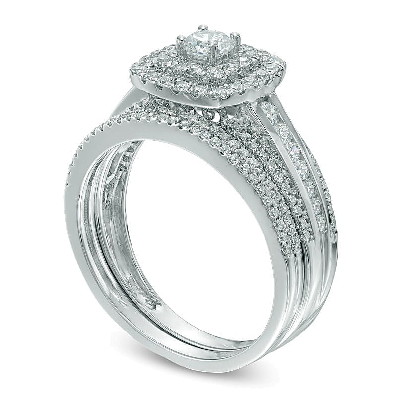 Brautset mit Diamanten 1.0 ct. Gesamtgewicht, rund & Kissenschliff, doppelter Kissenschliff-Rahmen, 10K Weißgold