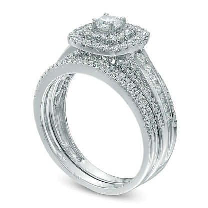 Brautset mit Diamanten 1.0 ct. Gesamtgewicht, rund & Kissenschliff, doppelter Kissenschliff-Rahmen, 10K Weißgold