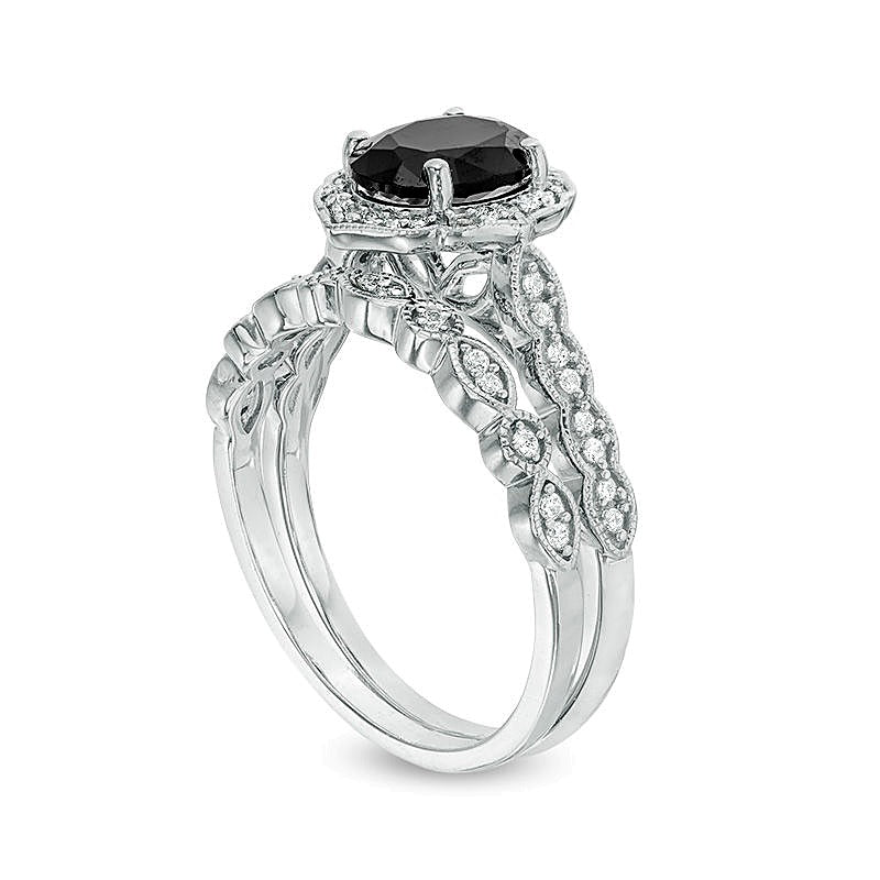 Braut-Set mit ovalem schwarzem Saphir und Diamanten 0,2 ct. Gesamtgewicht im Vierpass-Rahmen im Vintage-Stil in 10K Weißgold