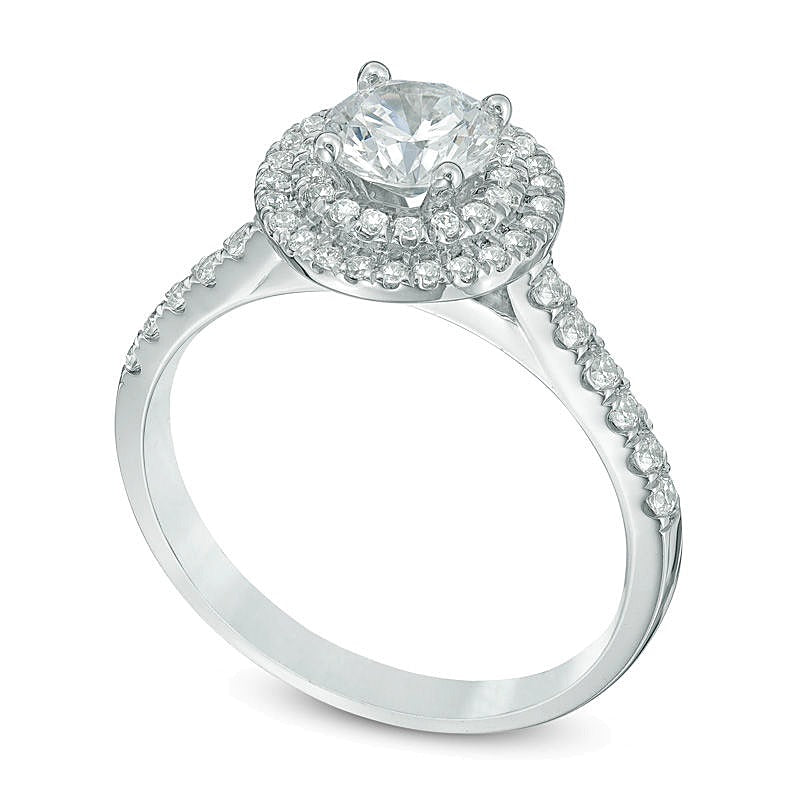 1.2 CT. Gesamtgewicht Diamant Halo Verlobungsring mit doppeltem Rahmen in 14K Weißgold