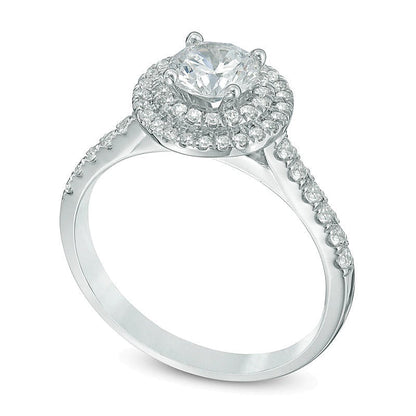 1.2 CT. Gesamtgewicht Diamant Halo Verlobungsring mit doppeltem Rahmen in 14K Weißgold