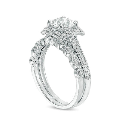 Braut-Set mit Labor-Saphir im Kissenschliff und 0,25 ct. Gesamtgewicht Diamanten im Vintage-Stil aus rhodiniertem Sterlingsilber