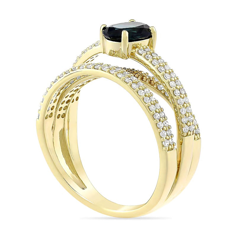 Ovaler blauer Saphir und Ring mit 0,63 ct. Gesamtgewicht Diamanten in Doppelreihe im Orbit-Design aus 10K Gelbgold
