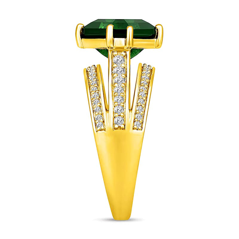 Fashion-Ring mit Labor-Smaragd im Octagon-Schliff und weißen Labor-Saphiren, mehrreihig, in 14K Weißgold