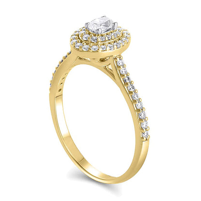 0.5 ct. Gesamtgewicht Verlobungsring mit ovalem Diamant und doppeltem Halo in 10K Gelbgold
