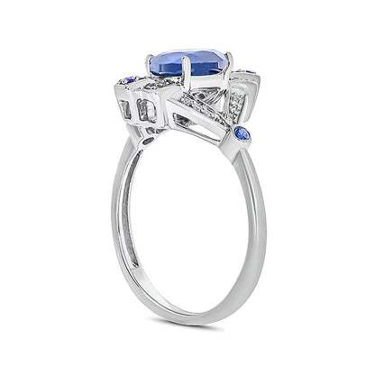 Fashion-Ring für Damen mit ovalem Labor-blauem Saphir und 0,07 ct. Gesamtgewicht Diamanten in rhodiniertem Sterlingsilber 925