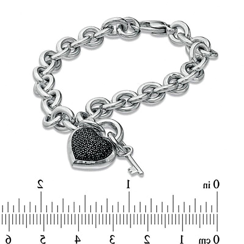 0,33 ct. Gesamtgewicht schwarzer Diamant Herz-Armband mit Schlüssel-Charm aus rhodiniertem Sterlingsilber – 7.5"