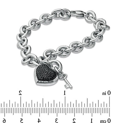0,33 ct. Gesamtgewicht schwarzer Diamant Herz-Armband mit Schlüssel-Charm aus rhodiniertem Sterlingsilber – 7.5"