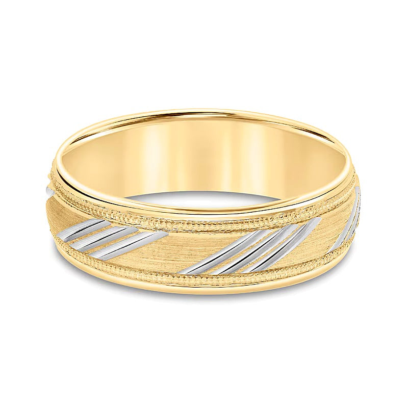 6,5mm Ehering mit diagonal geschnitzter Struktur und flacher Wölbung in 10K Gold Bicolor