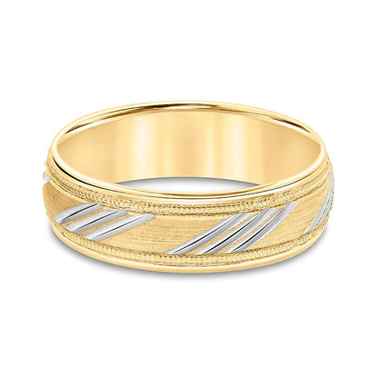 6,5mm Ehering mit diagonal geschnitzter Struktur und flacher Wölbung in 10K Gold Bicolor