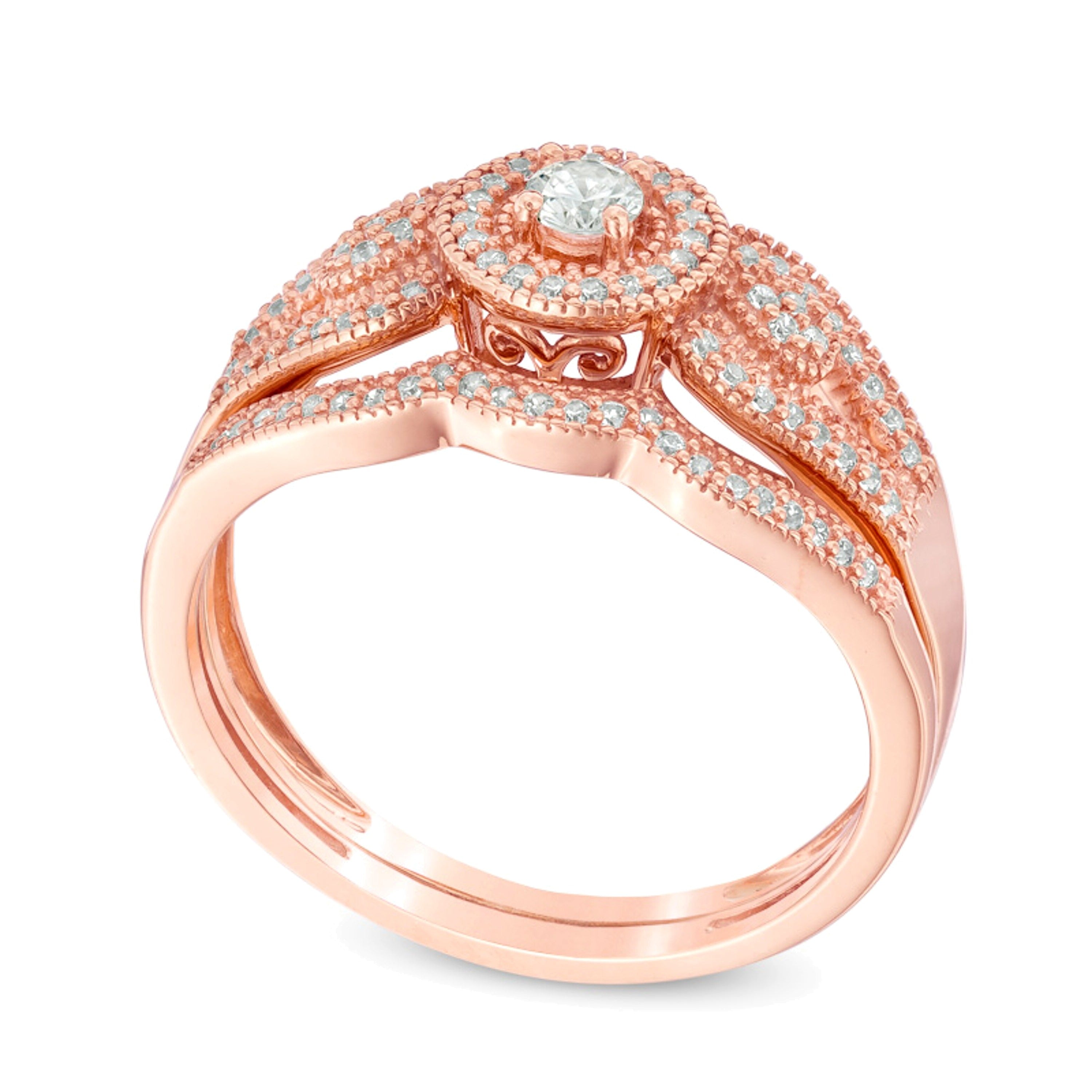 0.25 ct. Gesamtgewicht Diamant Brautset im Vintage-Stil mit geteilter Schiene und Halo in 10K Roségold