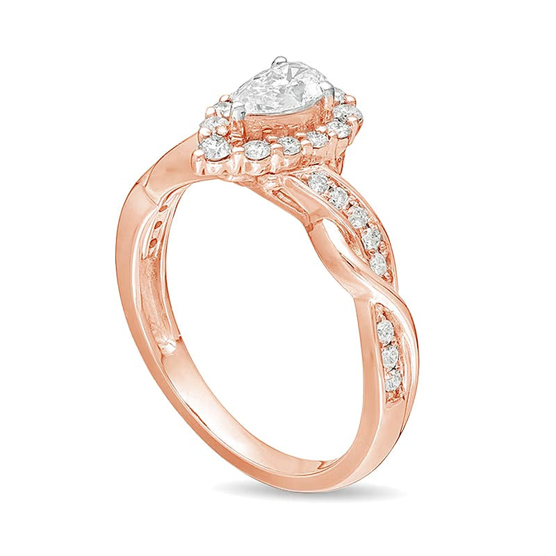 0,75 ct. Gesamtgewicht Verlobungsring mit tropfenförmigem Diamant und Halo in 10K Roségold für Damen