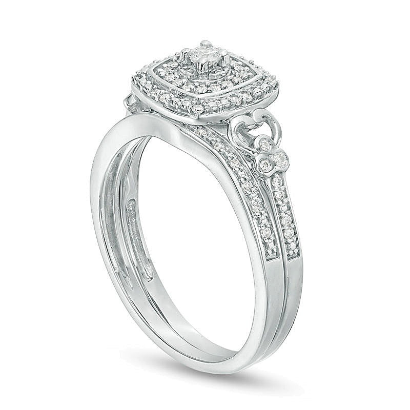 Brautset mit Diamanten 0.25 ct. Gesamtgewicht in rund und Kissenschliff, doppeltem Kissenschliff-Rahmen und Filigran-Design aus rhodiniertem Sterlingsilber