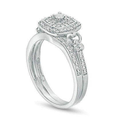 Brautset mit Diamanten 0.25 ct. Gesamtgewicht in rund und Kissenschliff, doppeltem Kissenschliff-Rahmen und Filigran-Design aus rhodiniertem Sterlingsilber