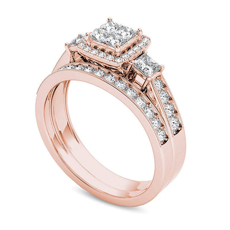 Braut-Set mit weißen Diamanten im Princess- und Rundschliff, 1.0 ct. Gesamtgewicht, in 14K Roségold