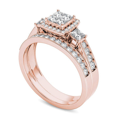 Braut-Set mit weißen Diamanten im Princess- und Rundschliff, 1.0 ct. Gesamtgewicht, in 14K Roségold