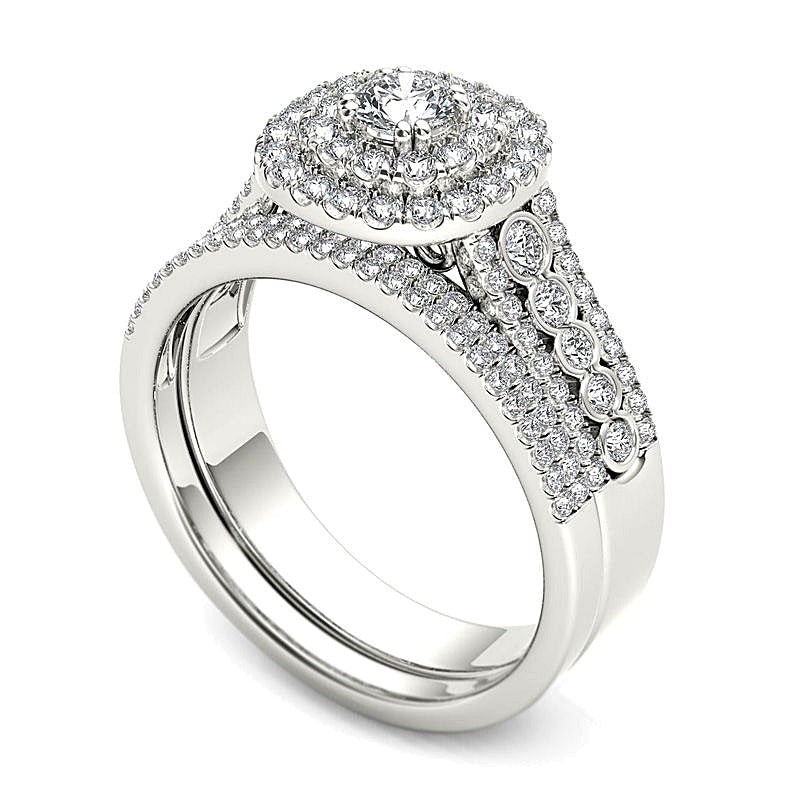 1.0 ct. Gesamtgewicht Diamant Brautset mehrreihig mit doppeltem Kissenschliff-Halo in 14K Weißgold