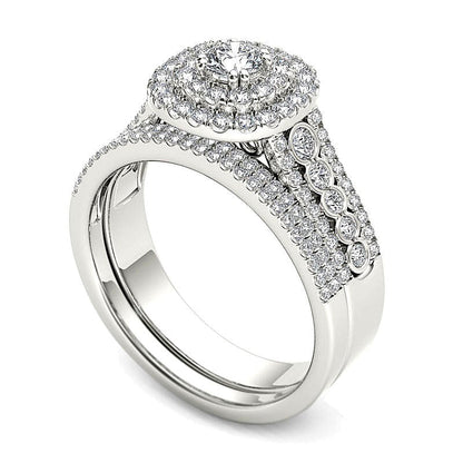 1.0 ct. Gesamtgewicht Diamant Brautset mehrreihig mit doppeltem Kissenschliff-Halo in 14K Weißgold