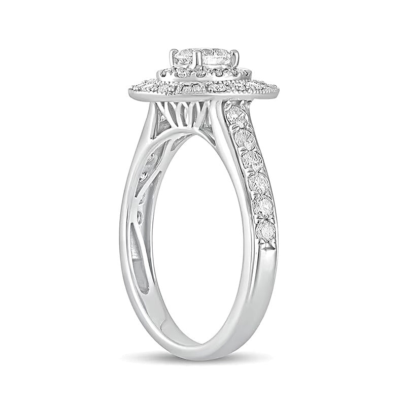1.0 ct. Gesamtgewicht Verlobungsring Halo mit Diamanten im Oval- und Rundschliff in 14K Weißgold