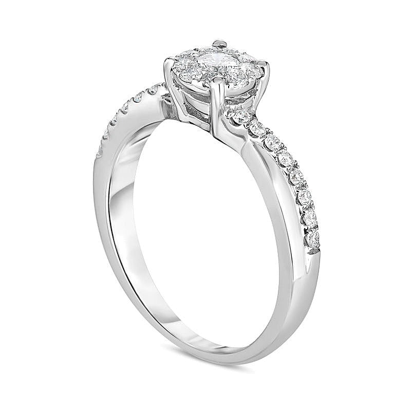 0.5 ct. Gesamtgewicht Diamant-Verlobungsring mit Halo und gedrehtem Ringschienen-Design in 10K Weißgold